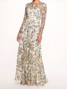 Marchesa Floral Embroidered Long Sleeve Maxi Dress - Ivory/Blush